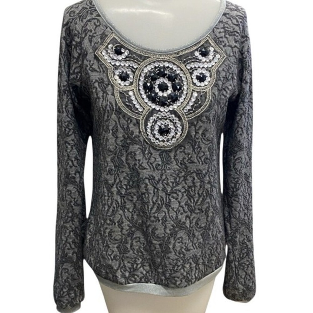 Daytrip Embellished Damask‎ Top Grey Black Beaded Sequin Long Sleeve Womens S